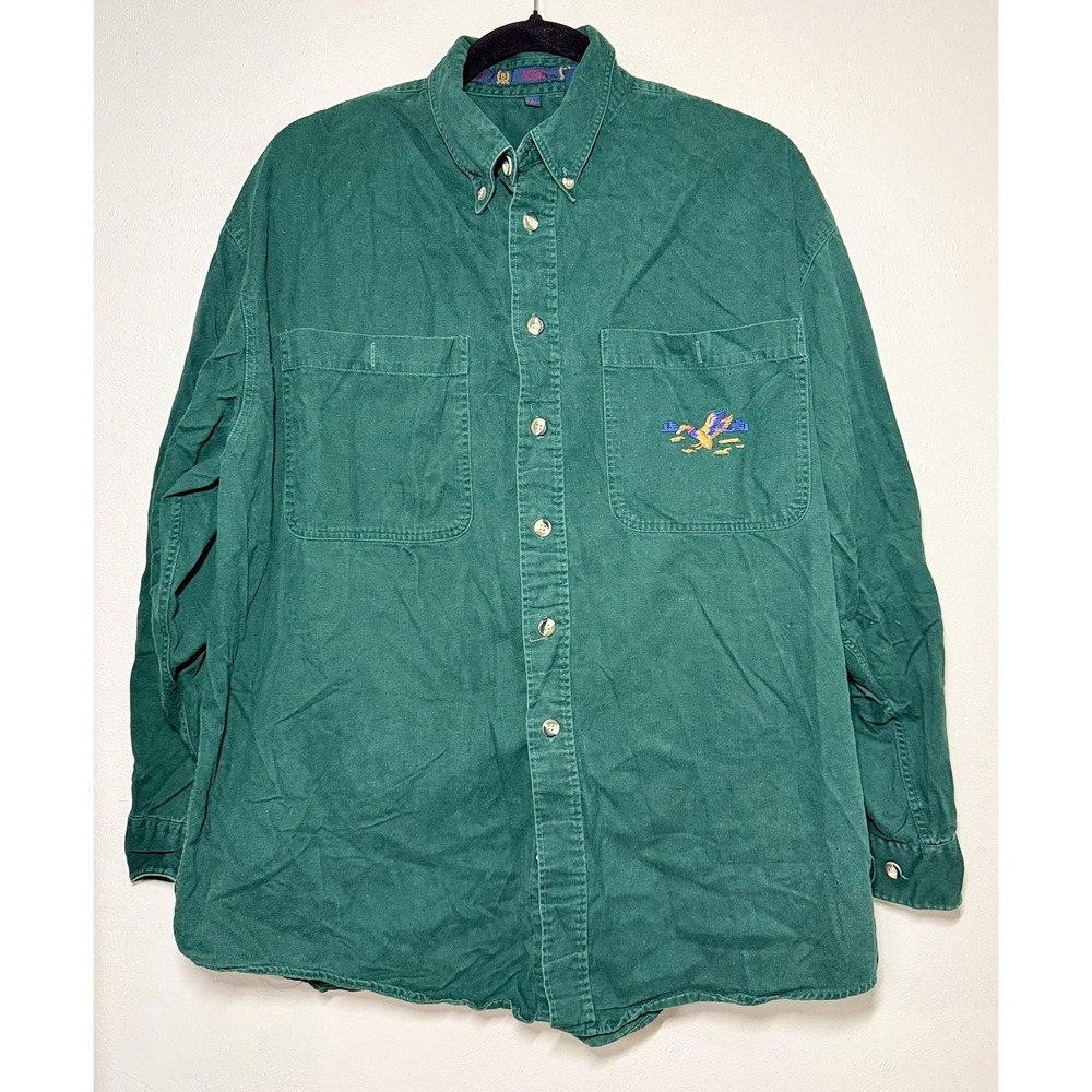 Vintage BEDO Duck Embroidered Button Down Shirt Mens L Green Cotton Korea